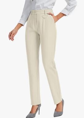 FUNYYZO Stretch Work Pants Straight Leg Trousers Business Casual Apricot size 8